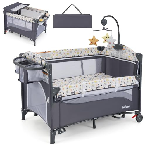 GYMAX Lettino Culla Fianco Letto, con Fasciatoio, Morbido Cuscino, Giocattoli Appesi e Spazio di Stoccaggio, Regolabile in Altezza, Box per Neonato, 2 Ruote e Borsa per Viaggio (Grigio e Giallo)