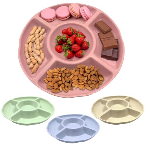 4 Stück Snackteller mit 5 Fächern Rund, Stapelbarer Obstteller Plastik, Bunt Süßigkeiten Teller Snackschale mit Fächern Kunststoff, Unterteilung Wiederverwendbar Dessert Snackspender für Home Party