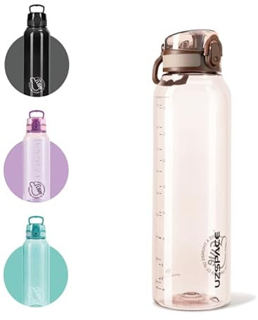 UZSPACE Water Bottle 1l with Handle - BPA Free Drinking Bottles for Adults - Clear Water Bottle with Capacity Scale - Leakproof Gym Bottles - Ideal for Sports or Fitness & Outdoors Oak Brown