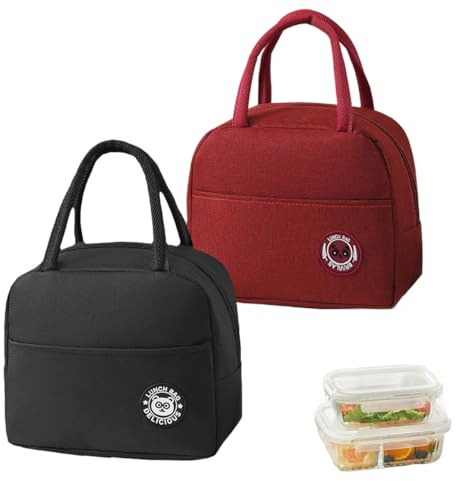 2 Stück Lunch Bag, 6L Thermotasche für Essen Klein, Lunchbox Tasche mit Aluminiumfolie, Tragbare Kühltasche Faltbar Klein, Mini-kühltasche für Schule, Picknick, Zuhause, Reisen (Burgunderrot+Schwarz)