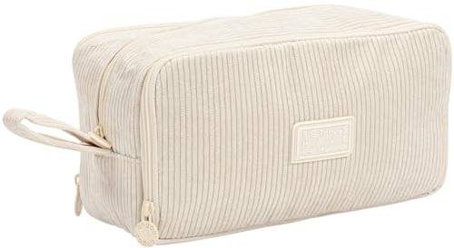 Bafiwu Mäppchen Federmappe, Großes Cord Stiftemäppchen mit 3 Fächern | Federtasche Mädchen Jungen Pencil Case Schulmäppchen für Schule Büro (Creme)