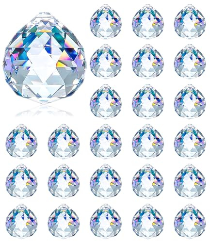 24 Stück Kristalle zum Aufhängen, 20mm Kristallkugel, Kristall Prisma aus Glas, Sonnenfänger Kristall, Hängende Kristalle Prismen für Fenster, Kronleuchter Anhänger, Geschenk, Weihnachten, Clear