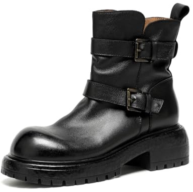 BEAU TODAY Motorcycle Boots Women Vintage Combat Ankle Boots Women Anti-Slip Fashion Leather Round Toe Outdoor Wide Biker Moto Shoes with Side Zipper Black