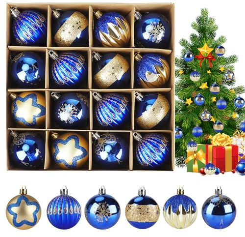 BBWELL Weihnachtskugeln,16 Stücke goldene und Blau Weihnachtskugelns Kunststoff Set,Christbaumkugeln Set,Weihnachtsdeko Kugeln für Indoor Outdoor Weihnachtsbaum Deko