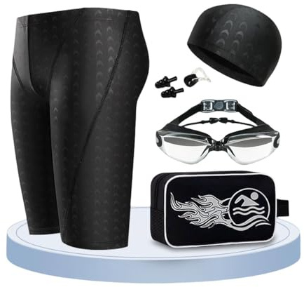 Vyloky Set de natación para hombre de 5 piezas | bañador + gafas de natación + gorro de natación + tapones para los oídos + bolsa de almacenamiento | Triatlón, Bañador largo + gafas de natación