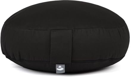 Bodhi Meditationskissen Rondo ECO extra flach | Bodenkissen mit Bio Dinkelfüllung | Bezug aus 100% Baumwolle | Yogakissen mit 15,5 cm Sitzhöhe | Waschbarer Bezug mit Trageschlaufe | schwarz