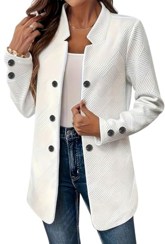 Minetom Femme Blazer Long Automne Hiver Manches Longues Travail Bureau Veste de Costume Tailleur avec Boutons A Blanc L