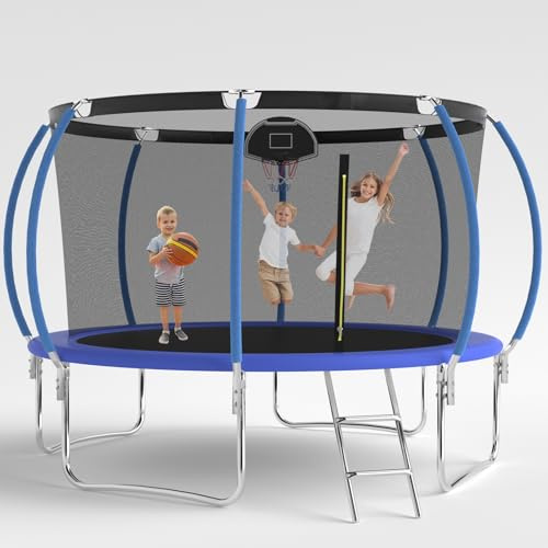 Outdoor Trampolin, Diameter 305cm, 366cm, Outdoor-Trampolin für Kinder und Erwachsene, Freizeittrampolin mit Basketballkorb, Leiter und Rostschutzbeschichtung, Belastbarkeit 200/272KG (12FT)