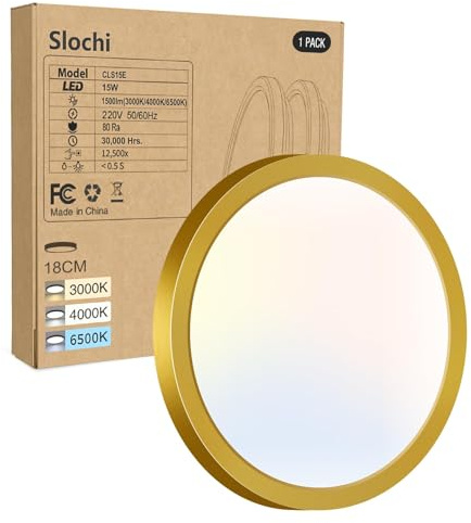 slochi Deckenlampe LED Deckenleuchte Flach, 3Farben - 3000K/4000K/6500K, IP44 Wasserfest Rund Badlampe Decke, 1500LM Modern LED Lampen für küche Badezimmer Schlafzimmer Flur Wohnzimmer, Ø18CM Golden