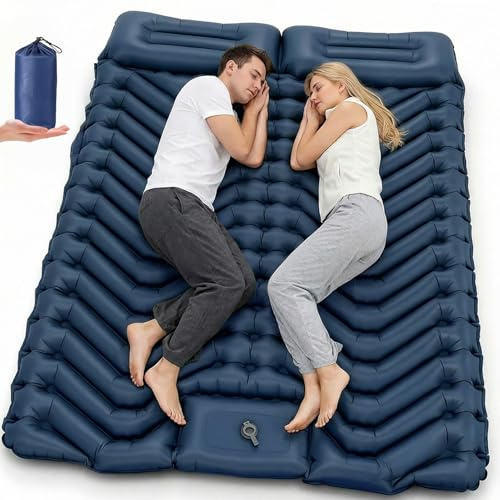 HAUSPROFI Tapis de Camping Isotherme Double, Matelas pneumatique de Camping ultraléger pour 2 Personnes avec Pompe à Pied et Oreiller, Matelas Gonflable Compact et léger, Tapis de Camping, Bleu