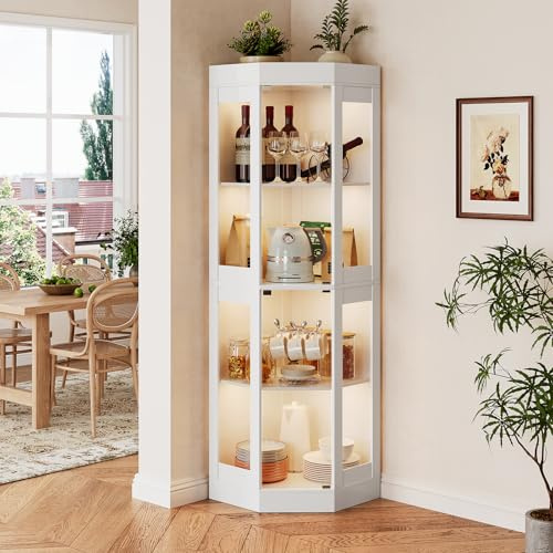 SVEYLXA Vitrine d'angle en verre de 178 cm avec éclairage LED - 4 couches - Étanche à la poussière - Design sans poignée - Pour cuisine, salle à manger et salon - Blanc