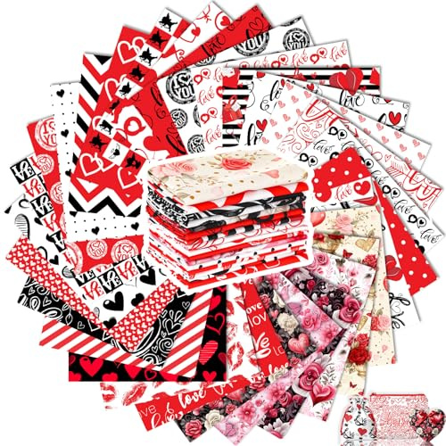 Tatuo 30 Pièces 25 x 25 cm Tissu en Coton Imprimé Lot de Tissu Carrés Floraux Patchwork de Couture de Matelassage en Coton à Motifs Assortis pour DIY(Saint-Valentin Classique)