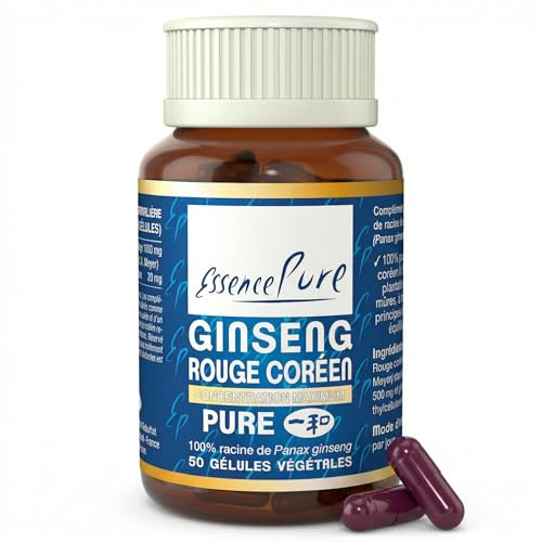 Ginseng Rouge de Corée 1000 mg, Essence Pure, 50 Gélules | Ginseng Coréen Panax 1000 mg, Réduit la Fatigue, Soutient les Performances Mentales et Physiques,