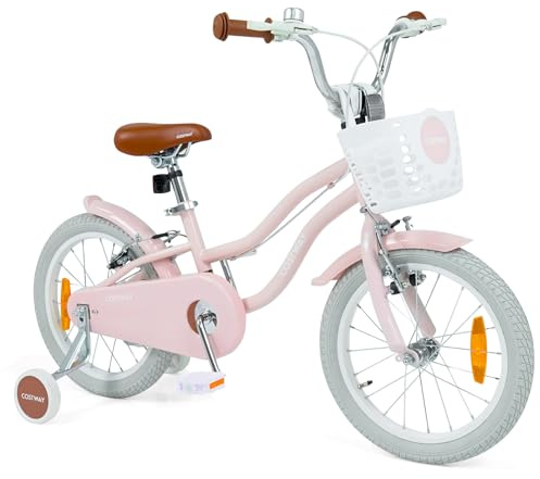 COSTWAY Kinderfahrrad mit Korb & Klingel, 16 Zoll Mädchenfahrrad mit höhenverstellbarem Sattel & Lenker, Fahrrad mit Doppelbremsen, abnehmbaren Stützrädern für 4-7 Jahren Mädchen (Rosa,16 Zoll)