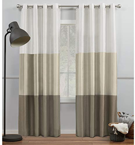 Exclusive Home Chateau Striped Faux Silk Grommet Top Curtain Panel Pair, 54x108, White/Sand
