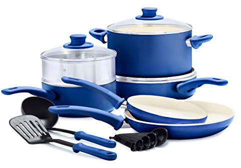 GreenLife Soft Grip Healthy Ceramic Nonstick 12 Piece Cookware Pots and Pans Set, PFAS-Free, Dishwasher Safe, Blue