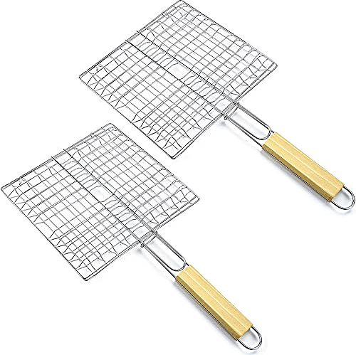2 Piezas Cesta para Parrilla de Jardín Portátil, Canasta Parrilla Barbacoa Portátil, Canasta Parrilla Barbacoa Plegable, con Mango Madera, Para Interiores y Exteriores, Pescado, Verduras, Bistec