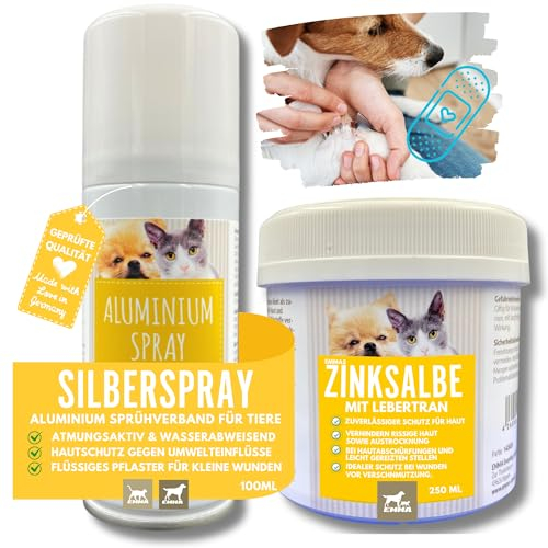 EMMA Erste Hilfe Set Hunde – Silberspray Hund 100ml + Lebertran Zinksalbe 250ml – Wundspray Katze & Hund, Sprühpflaster wasserfest, Wund- & Heilsalbe gegen juckende Haut Pfotenschutz & Fellpflege