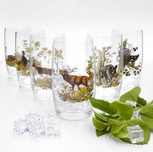 Generisch GTK Horn & troféer krumträ 6 delar longdrinkglas 400 ml set höjd 13 cm glas med färgad jaktdekor motiv i presentförpackning