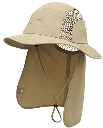 Unisex Safari Cap mit extra langem Nackenschutz Buschhut Sonnenhut Legionärskappe UPF 50+ UV-Schutz Atmungsaktiv für Camping Outdoor - 56-60 Khaki