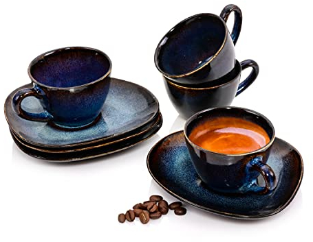 Sänger | Espressotassen Set Tokio 8 tlg, Mokkatassen 4 Personen, Steingut Tasse mit Untertasse, Tassen und Untertassen Spülmaschinenfest Blau-Schwarz mit Braunen Akzenten 80 ml | PREMIUM COLLECTION