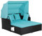COSTWAY Garden Rattan Daybed, Patio 2 Seater Wicker Sun Bed Lounger with Retractable Canopy, Folding Side Tables and Cushions, Outdoor Double Conversation Furniture for Yard Lawn Poolside (Turquoise)