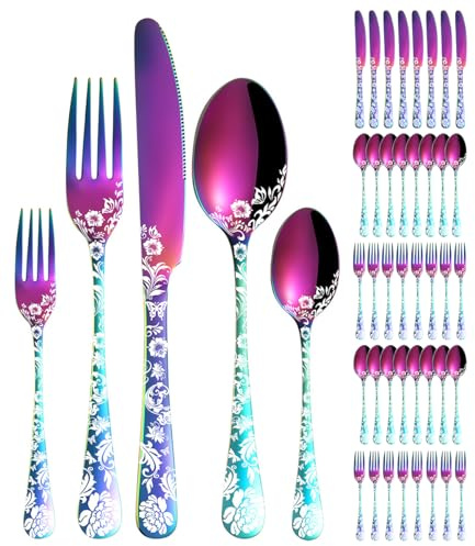XIAOYU 40 Pieces Peony Flower Silverware Set, Stainless Steel Flatware Set, Cutlery Set Service for 8, Knives Forks Spoons Utensils for Kitchen, Rainbow