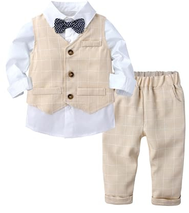 Fldy Jungen Anzug Festlich Langarm Krawatte Hemd Weste Und Lange Hose 3er Set Für Kleinkind Baby Hochzeit Taufe Party Gr. 74-104 Beige 80-86
