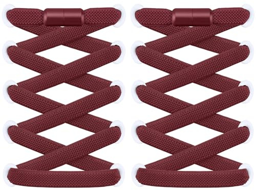 RJ-Sport 2 paia di lacci piatti senza allacciare, lacci elastici con chiusura rapida, sistema di allacciatura rapido per un comfort unico e una presa forte, con capsule in metallo, Borgogna, 120