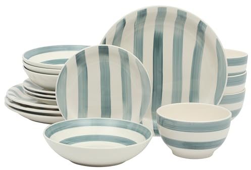 Gibson Home Kenwood Shores - Juego de vajilla de 16 piezas, rayas azules, platos y cuencos de gres pintados a mano, servicio para 4, apto para microondas y lavavajillas