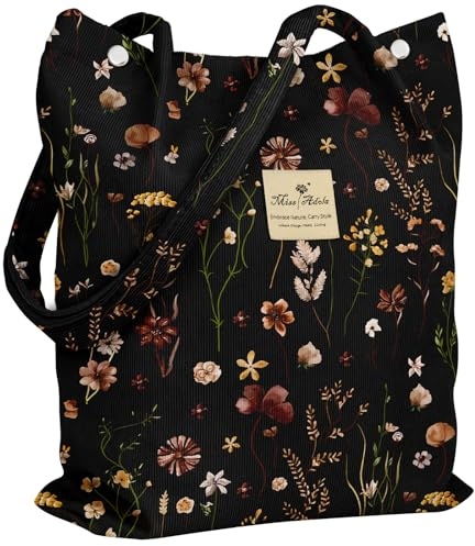Miss Adola Corduroy Tote Bag for Women - Reusable Totes with Magnetic Buckle & Pocket Stylish Aesthetic Design Work Bags for Shopping Travel Grocery Bags, Black Grow Flower