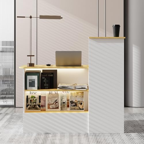 Rezeptionstheke, Rezeptionstisch, Empfangstheke mit 3-farbiger Beleuchtung, Empfangstisch mit 1 Schublade und 1 Schrank, Empfangstheke mit offenen Ausstellungsbereich mit 2Fächern Weiß + Naturholz