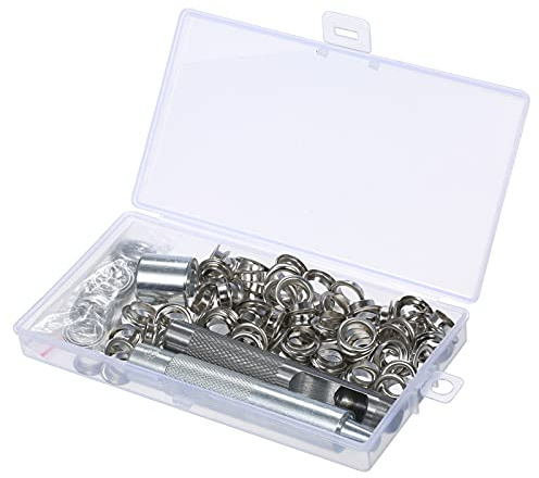 Dioche Kit d'œillets Argentés de 100 Ensembles - Kit d'œillets de 10 Mm avec Outils 'installation - Parfait pour le Cuir, le Tissu et l'artisanat - Comprend une Perforatrice et une Boîte de