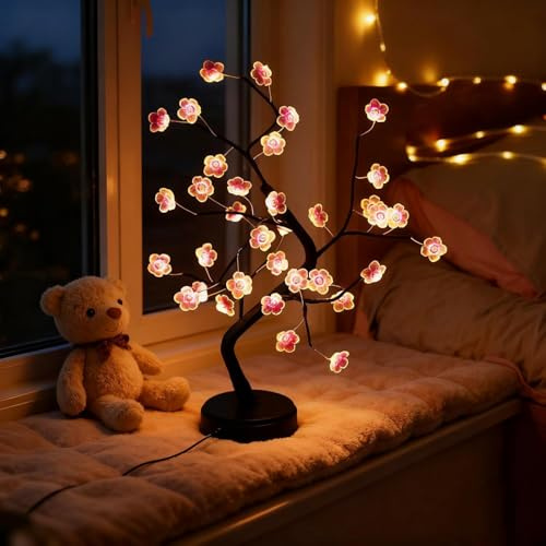 Gresoinc 45cm LED Lichterbaum mit künstlichen Pflaumenblüten, 36 LED Warmweiß Licht, Dauerlicht & Blinkmodus, flexibel verstellbare Äste, USB/Batteriebetrieben, Innen Deko für Weihnachten Frühling
