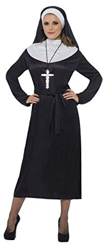 Smiffys Nun Costume for Women, Black and White Religious Fancy Dress Outfit Featuring Full-Length Dress, Belt, and Headdress, Classic Saints Sinners Halloween Adults Fancy Dress Parties, Medium