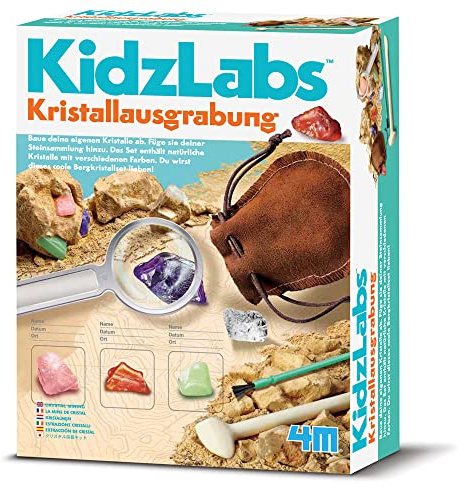 4M Kristallausgrabung - Wissenschaftsset für Kinder - Entdecke und Lerne über Verschiedene Kristalle - Inklusive Ausgrabungswerkzeug, Pinsel, Lupe und Transportbeutel