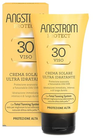 Angstrom Protect Crema Solare Viso SPF 30, Azione Idratante ed Intensificatore dell'Abbronzatura, Indicata per Pelli Sensibili, 50 ml