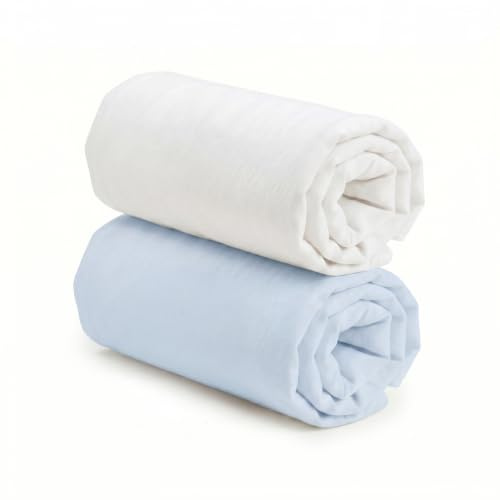 Ti TIN | Lot de 2 Draps Housses pour Lit Enfant/Bébé, 50x80 cm | Drap housse Doux, Respirant, Confortable et Réglable - 100% Coton - Sans Motif - Couleur Unie Blanc et Bleu