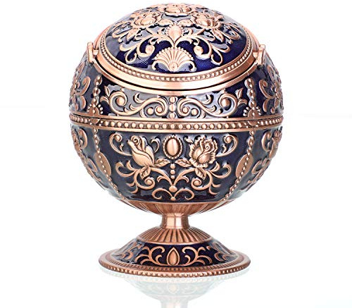 LAUYOO Windproof Ashtray with Lid for Cigarettes Metal Portable Cigar Ashtray Odor Eliminator for Indoor outdoor Hand Stamped Rose Pattern with Sparkle Fancy Gift for Men Women (Navy Blue-Red Copper)