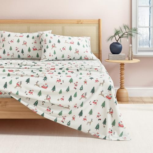 Great Bay Home 100% Turkish Cotton Flannel Sheet Set Deep Pockets Soft Christmas Sheets Warm Anti Pilling Flannel Sheets (Twin, Santa)