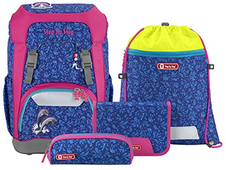Step by Step Giant Schulranzen-Set „Happy Dolphins“, 5-teilig, blau-pink, ergonomischer Tornister mit Reflektoren, höhenverstellbar mit Hüft- und Brustgurt, für Mädchen ab der 1. Klasse, 23 Liter