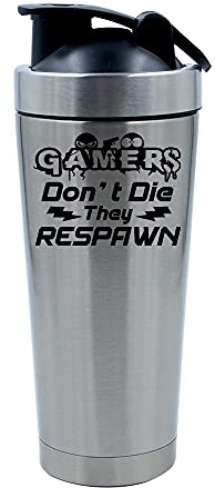 Getagift 500ml Aluminium Shaker Bottle for Supplement Shakes - Easy Clean, Durable Cup Gamers Don't Die They Respawn Funny Retro Gamer Enthusiast PC Gamer. (Silver)