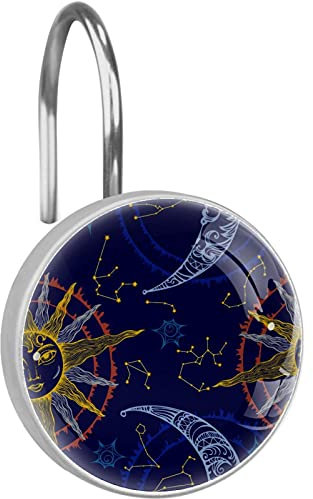 Set di 12 ganci per tenda da doccia con motivo sole e luna e zodiacale, anelli per tenda da doccia antiruggine, per il bagno