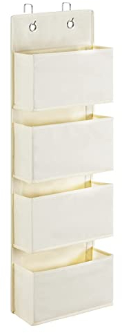 YOUDENOVA Organizador Colgante de Puerta Con 4 Bolsillos y 2 Ganchos de Metal, Almacenamiento Para Armario, Estante Resistente, Blanco