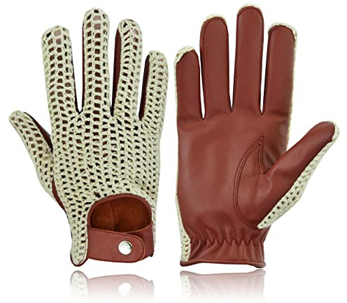 Swift Wear Mens Vintage Classic English Cotton Crochet String Unlined Fashion Real Leather Chauffeur Driving Gloves (S, Cognac)