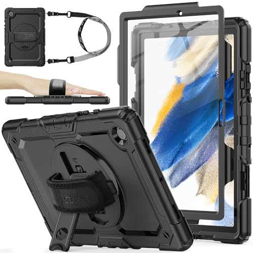 SEYMAC stock Hülle für Samsung Galaxy Tab A8 10,5, Schwarz | Rundumschutz,Zwei Frontrahmen,Displayschutzfolie, 360° Drehbarer Ständer/Handschlaufe,Verstellbarer Schultergurt,Stifthalter