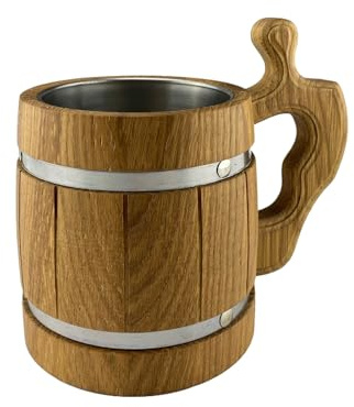 Waldmeister - Holz Bierkrug - Krug aus Eiche - Hochglanz - Edelstahl Einsatz - 0,5 Liter - Robust - strapazierfähig - langlebig