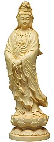 NEFSO Madera de boj Natural chapada en Oro y Famille Rose Estatua de la Diosa Kwan Yin Diosa de la Misericordia Estatua de Buda Diosa de la compasión y la Misericordia de Asia Oriental