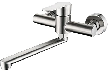 Vusddy Grifo de Cocina de Pared, Grifo de Pared de Acero Inoxidable Giratorio de 360 °, Grifo Mezclador Frío y Caliente, Mezclador Monomando, Grifo de Fregadero con Brazo Giratorio de 25cm de Largo