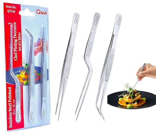 Professional Chef Plating Tweezers, 16cm/6.3-Inches Set of 3 (Straight, Curved and Offset), Precision Culinary Tongs, Hand Made from High-Grade Stainless Steel Polished | 16cm Silver